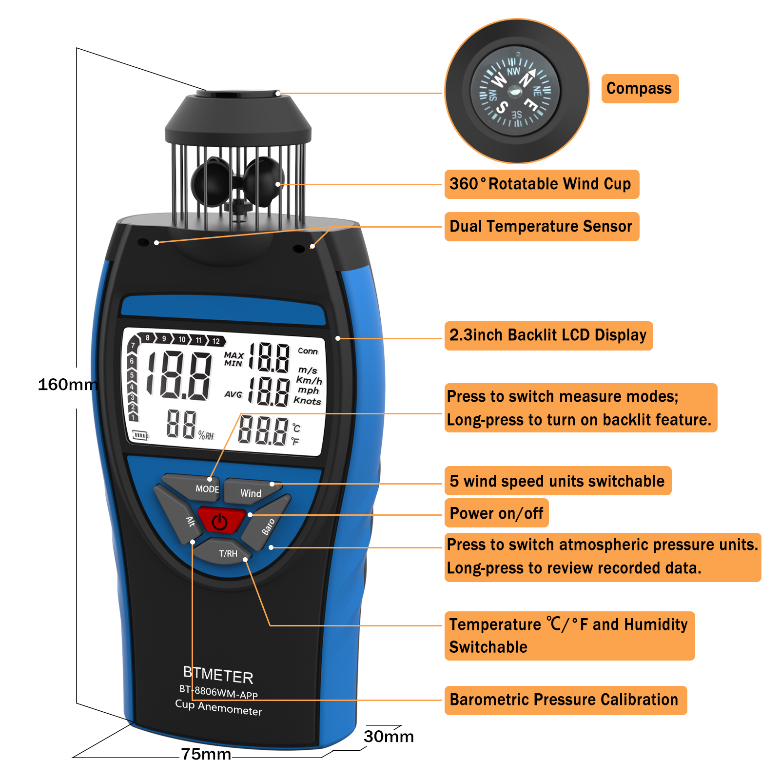 BTMETER Digital Cup Anemometer - Anemometer Wind Speed recensie en prijs